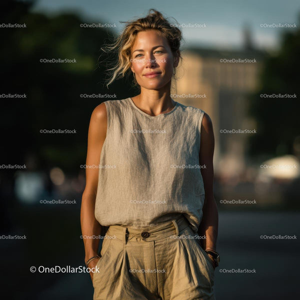 Casually Styled Woman Enjoying a Sunlit Stroll