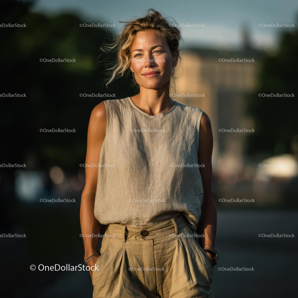 Elegant Woman in Linen Outfit on a Sunny Day
