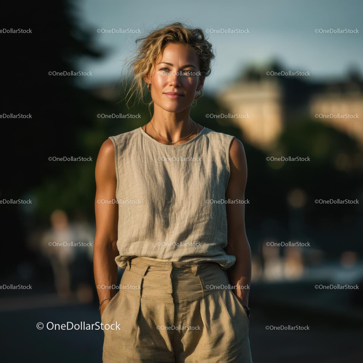 Elegant Woman in Linen Outfit on a Sunny Day