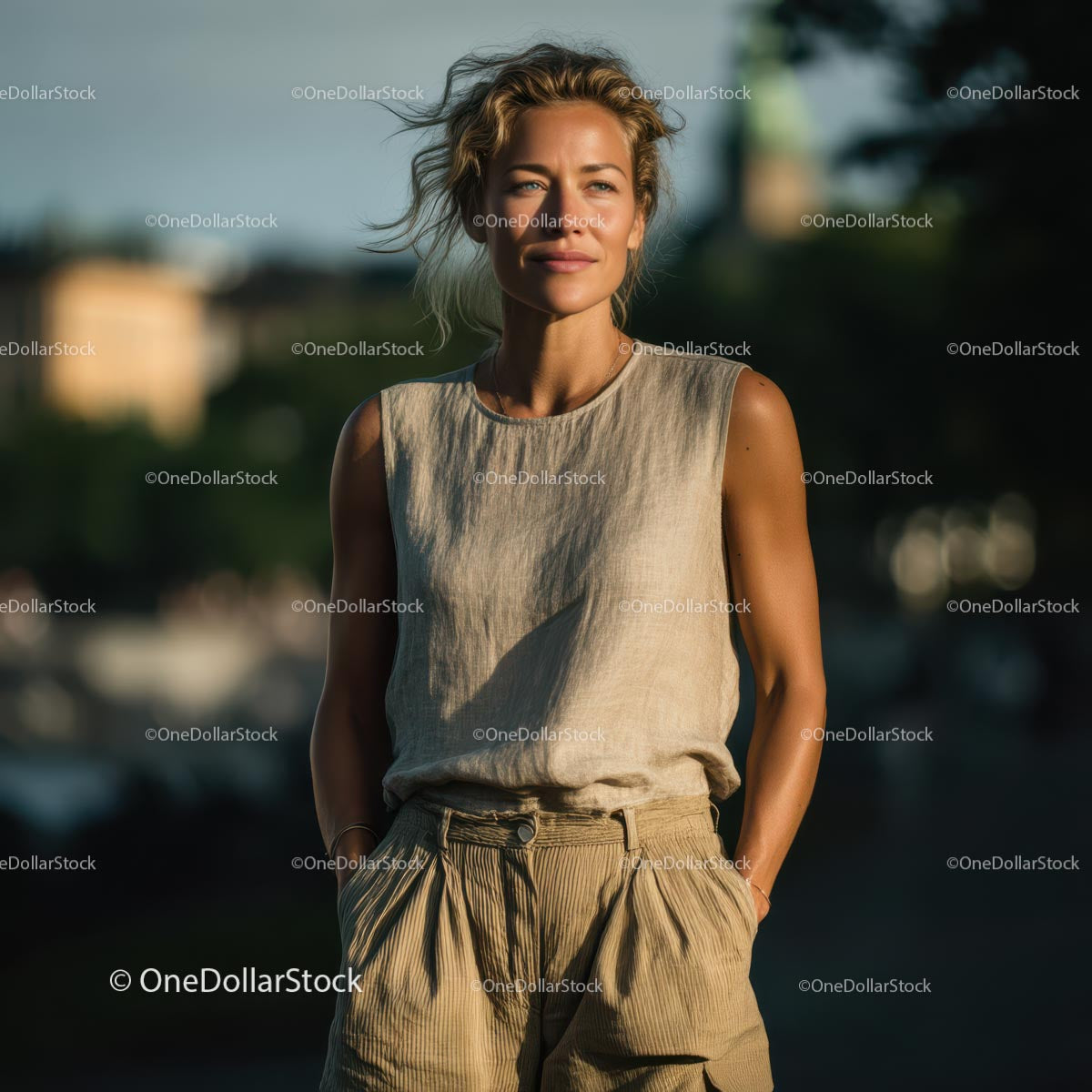 Elegant Woman in Linen Outfit on a Sunny Day