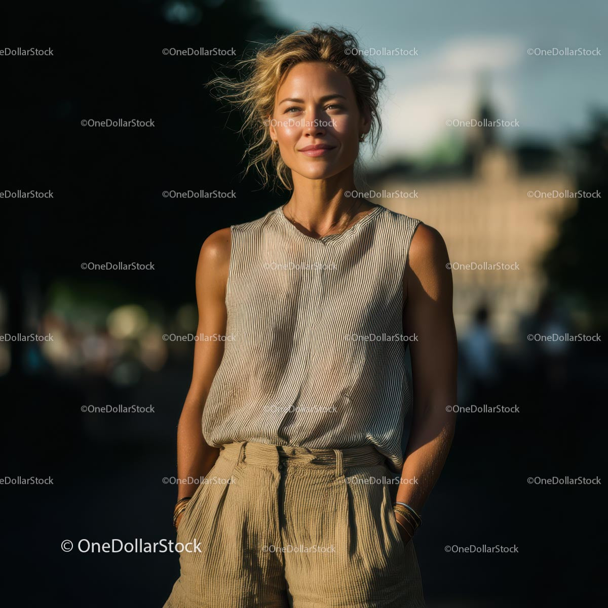 Elegant Woman in Linen Outfit on a Sunny Day