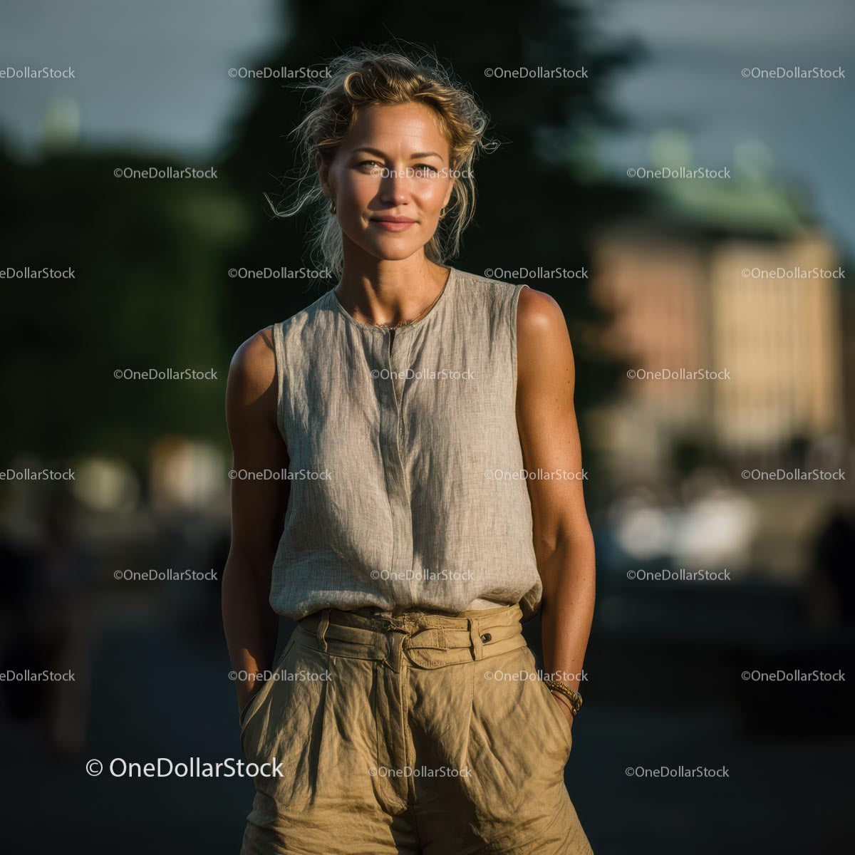 Swobodny miejski portret pewnej siebie kobiety w letnim stroju
