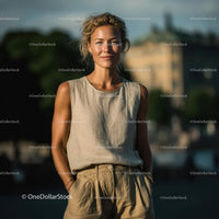 Smiling Woman in Casual Linen Outfit in Sunlit Urban Setting