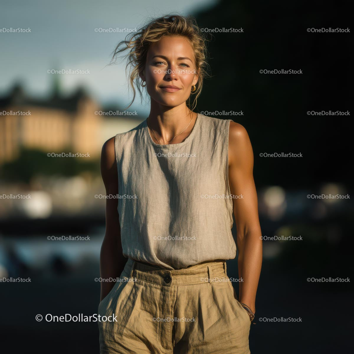 Blondynka w stylowym letnim stroju uśmiechająca się na zewnątrz