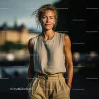 Blonde Woman in Stylish Summer Outfit Smiling Outdoors