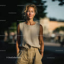 Smiling Woman in Casual Summer Outfit at Sunset