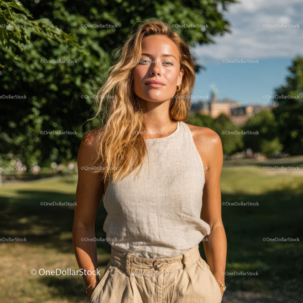 Blondynka w beżowym stroju w słoneczny dzień