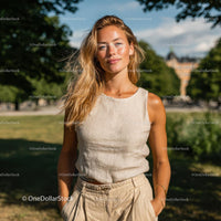 Smiling Woman in Casual Outfit on a Sunny Day