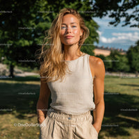 Smiling Woman in Linen Outfit Enjoying Sunny Park Day
