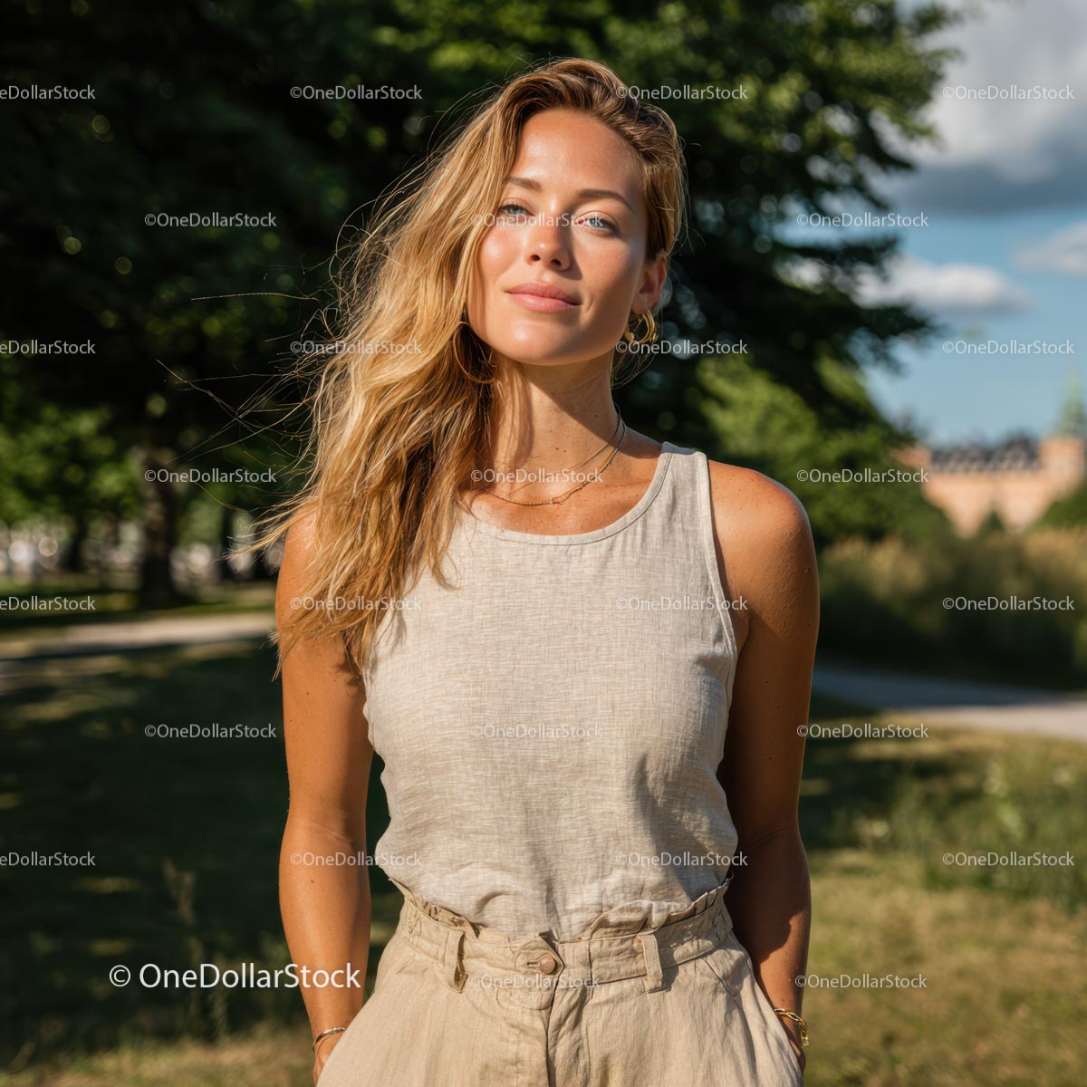 Uśmiechnięta blondynka w swobodnym stroju w słoneczny dzień