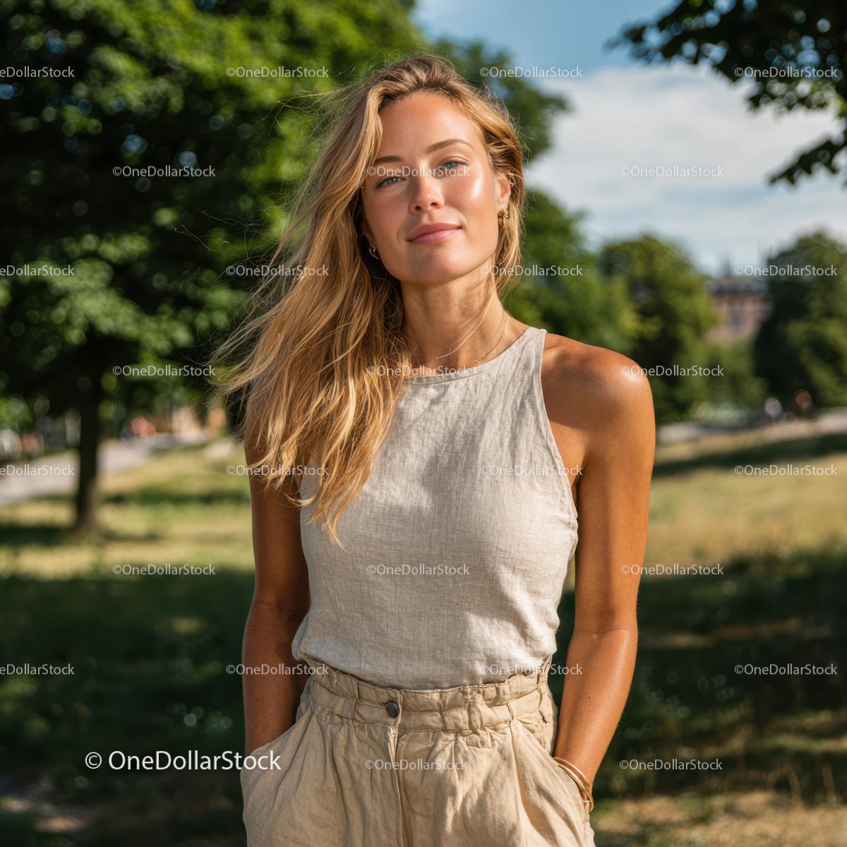 Smiling Woman in Casual Outfit on a Sunny Day
