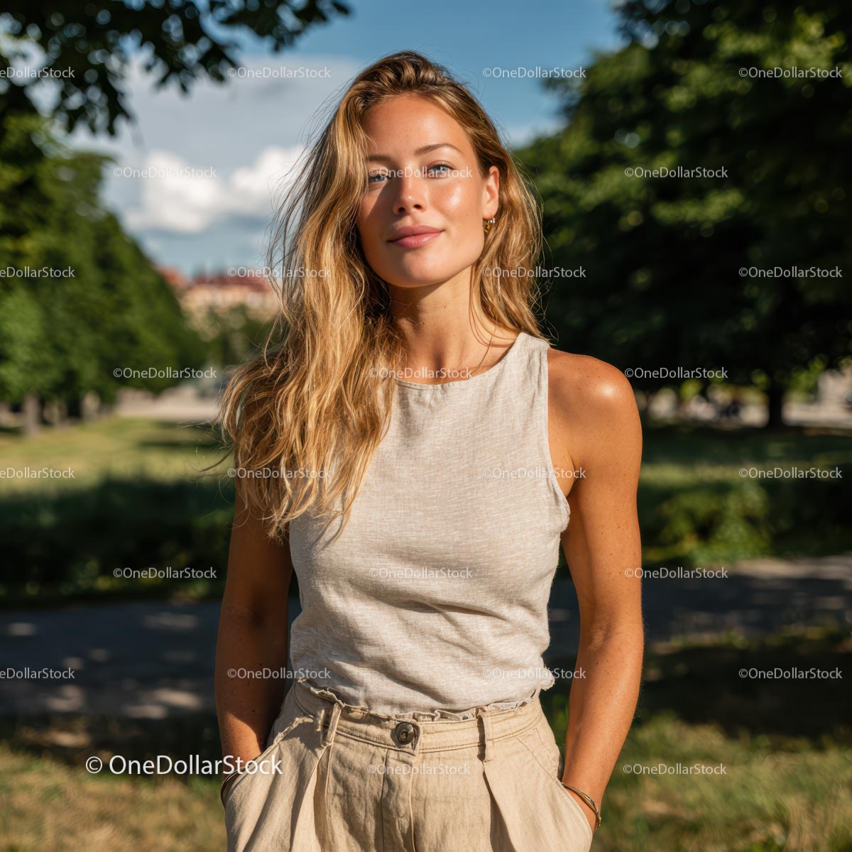 Smiling Woman in Casual Outfit on a Sunny Day