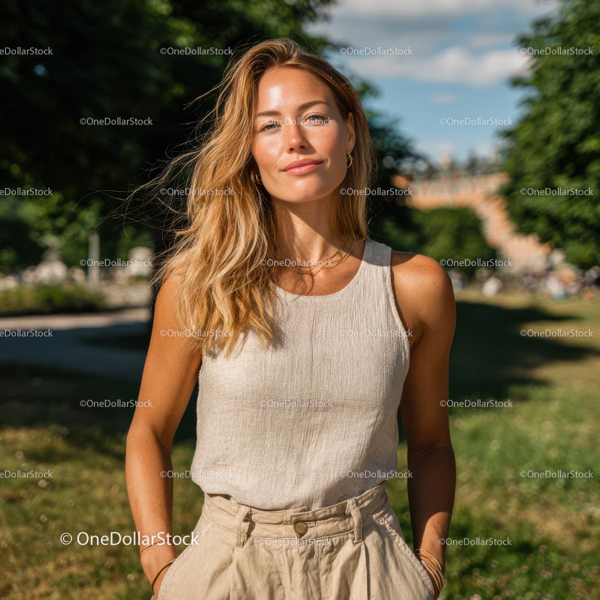 Smiling Woman in Casual Outfit on a Sunny Day