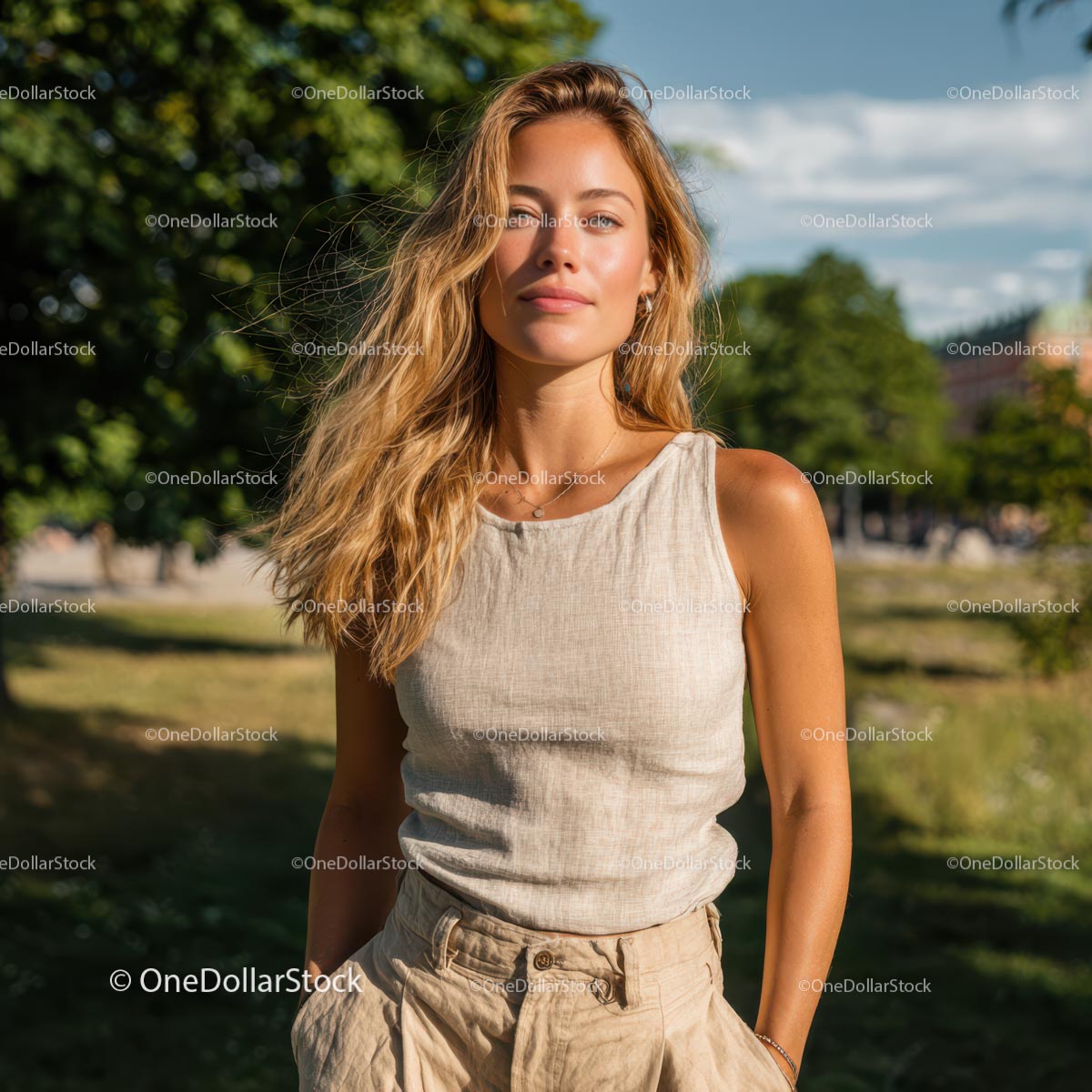 Smiling Woman in Casual Outfit on a Sunny Day