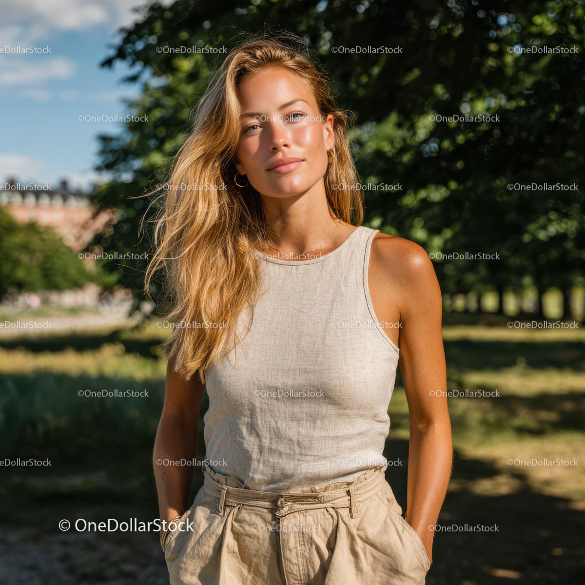 Smiling Woman in Casual Outfit on a Sunny Day
