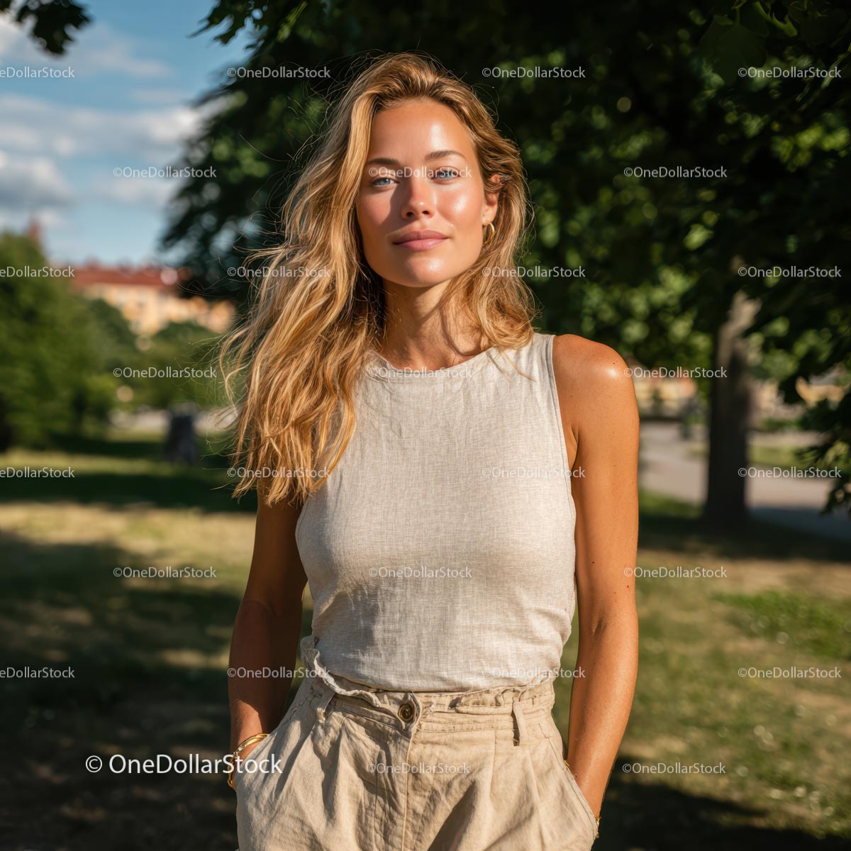 Blonde Woman Posing Casually in Sunlit Park Scene