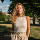 Blonde Woman Posing Casually in Sunlit Park Scene