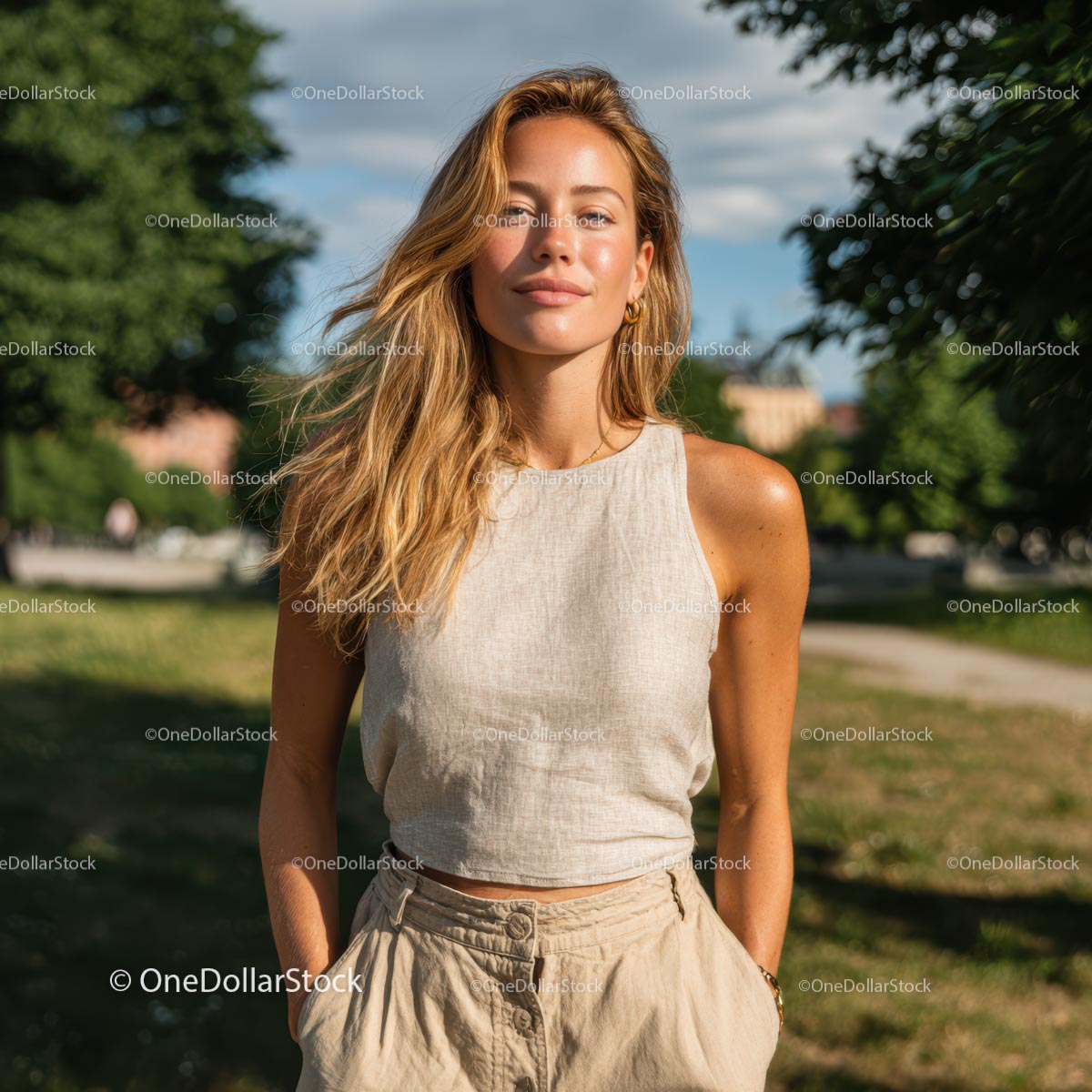 Young Woman in Summer Outfit Enjoying Sunny Park