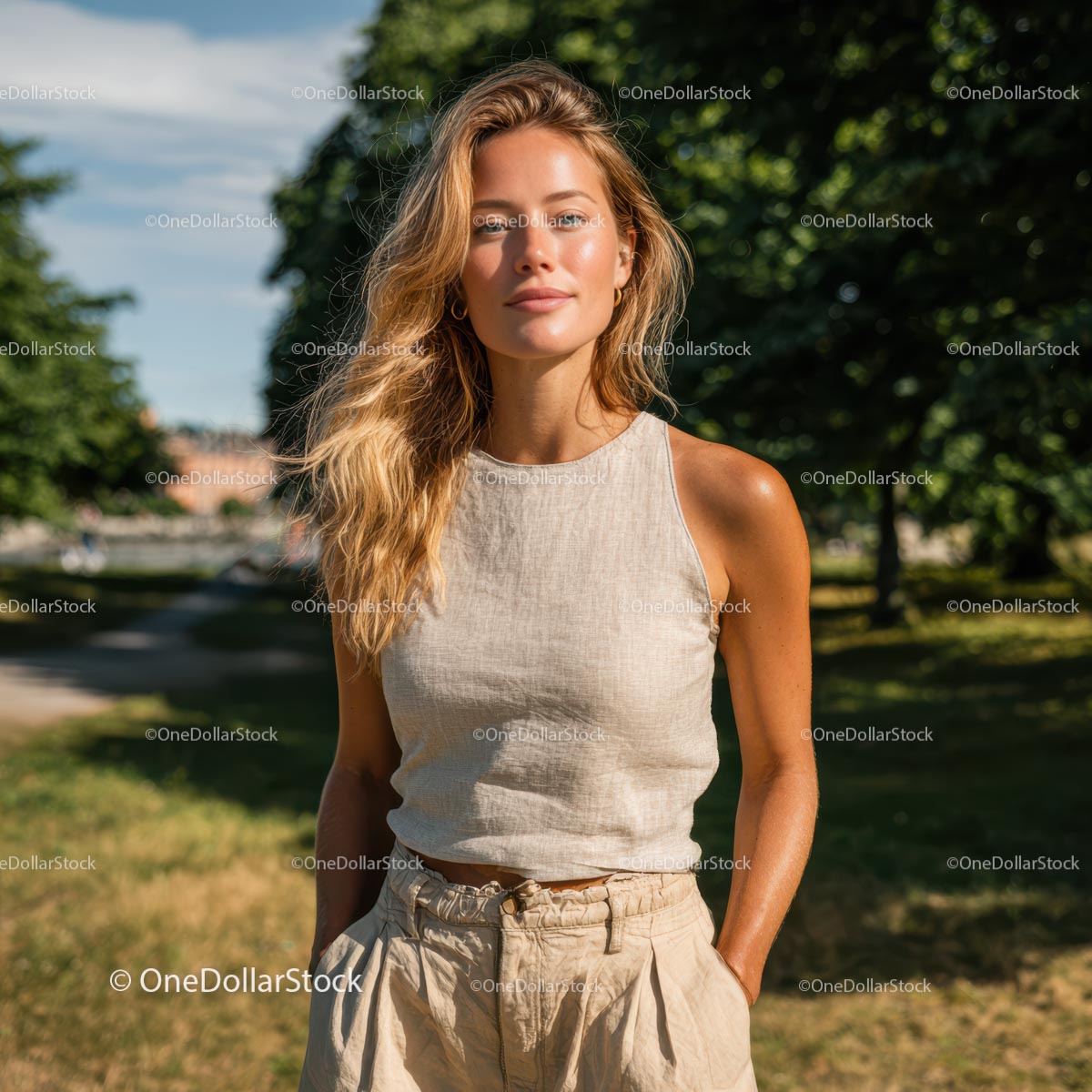 Woman in Light Summer Outfit in Sunny Park