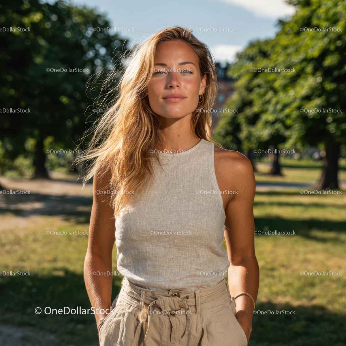 Smiling Woman in Casual Outfit on a Sunny Day