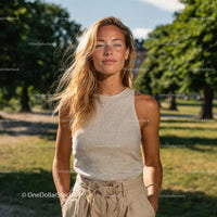 Smiling Woman in Casual Outfit on a Sunny Day