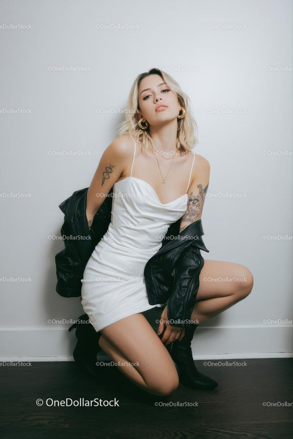 Fashionable Woman in White Dress with Black Jacket Stock Photo Bundle (12 JPG Files)
