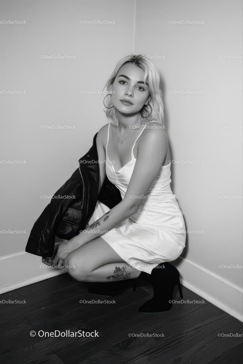 Elegant Woman in White Dress with Leather Jacket