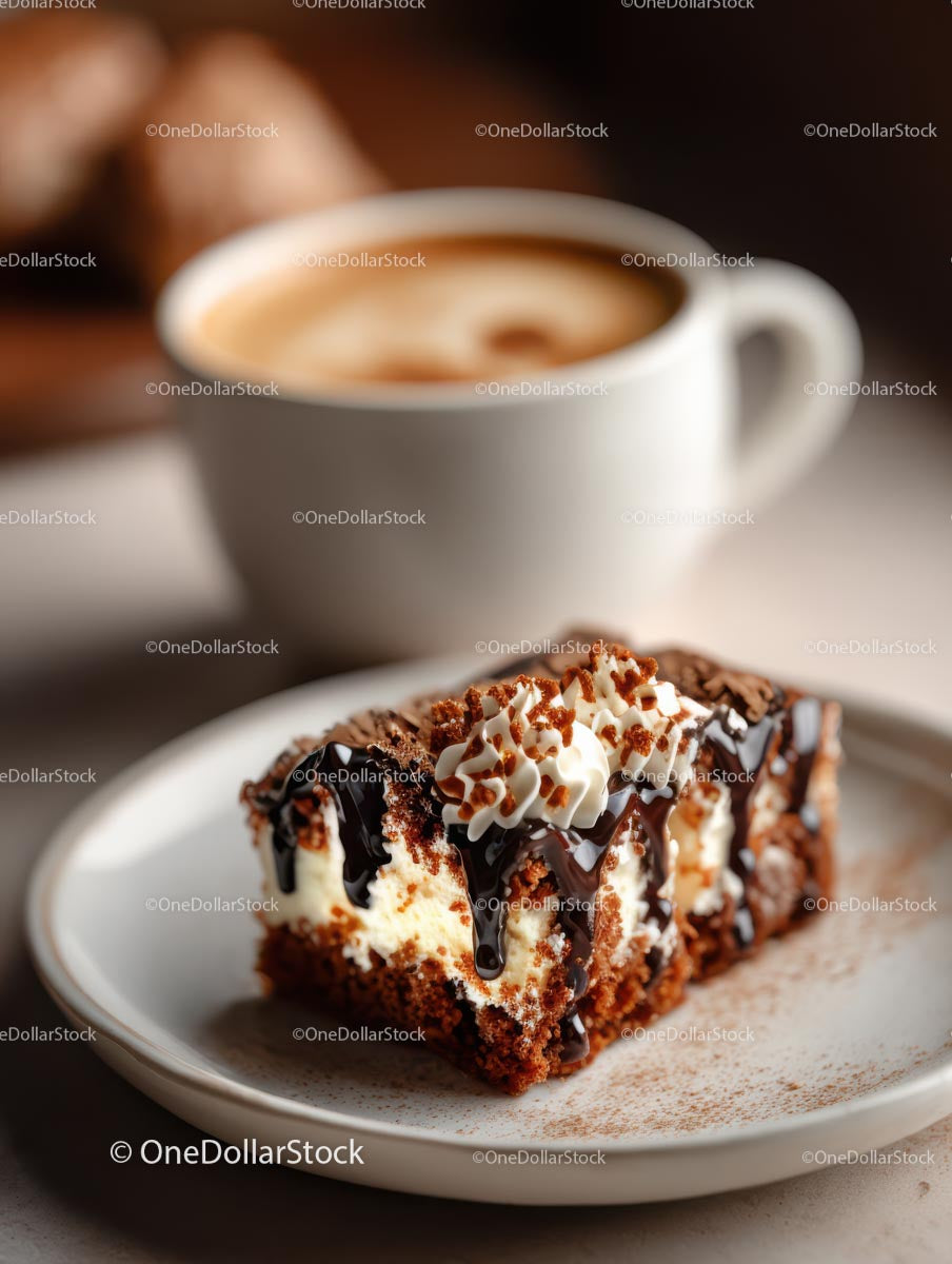 Chocolate Cake Slice with Coffee on White Plate (13 Images)