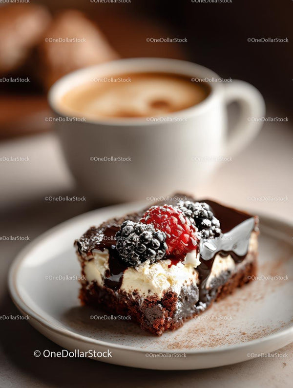 Chocolate Cake with Berries and Coffee Cup