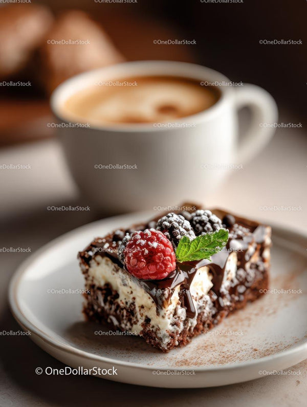Chocolate Raspberry Dessert with Coffee on Plate