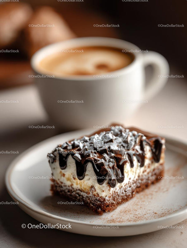 Chocolate Drizzled Cake with Cappuccino in Cafe Ambience