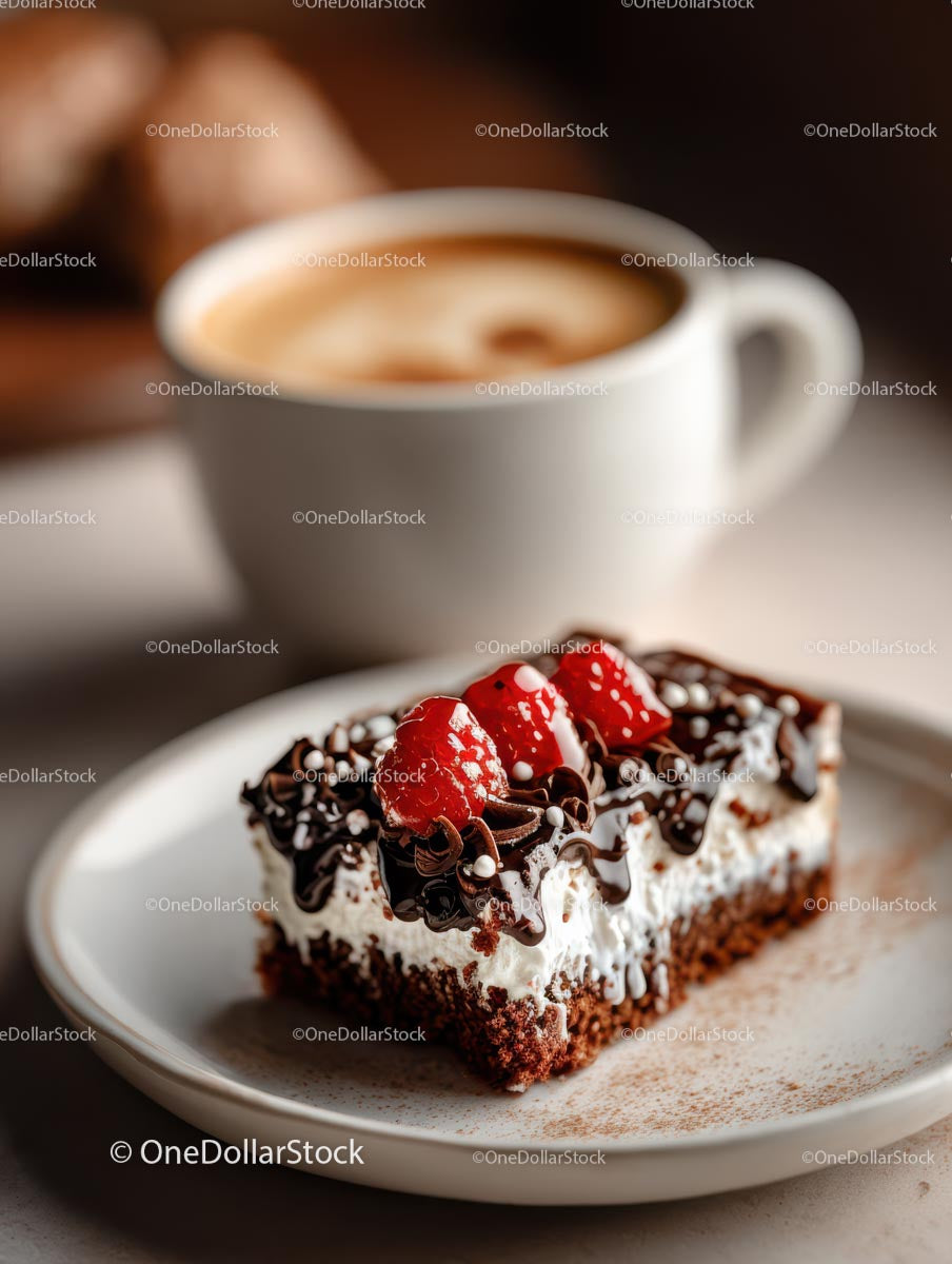 Chocolate Cake with Raspberries and Coffee Cup