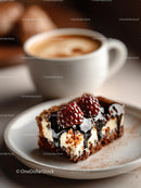 Raspberries on Chocolate-Drizzled Cheesecake with Coffee