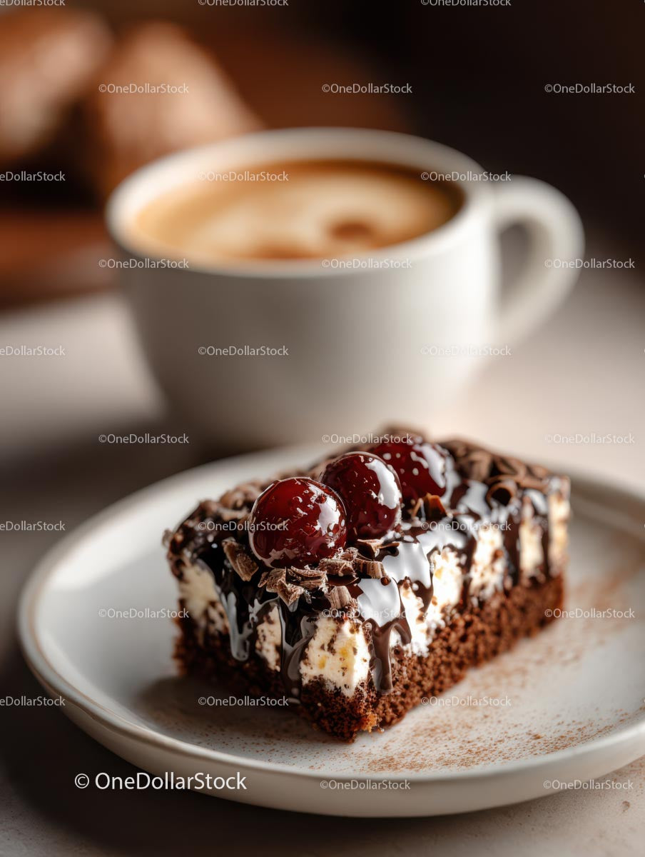 Gourmet Chocolate Cake with Cherries and Coffee Cup
