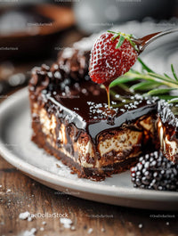 Gourmet Chocolate Cake with Strawberry and Sauce