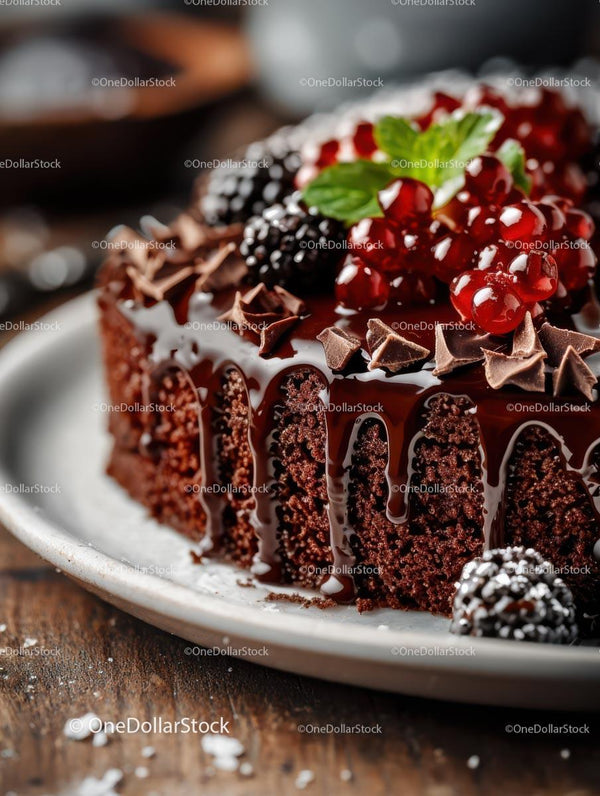 Decadent Chocolate Cake with Berries and Mint Garnish