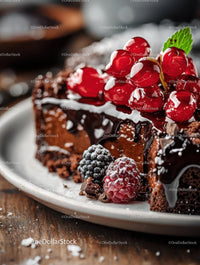 Rich Chocolate Cake with Berry Garnish on Rustic Plate