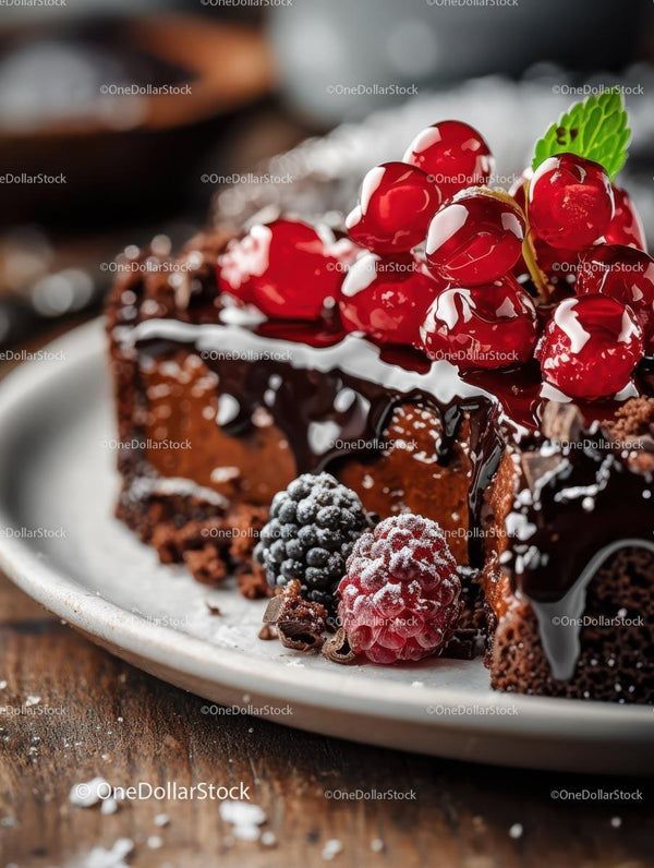 Rich Chocolate Cake with Berry Garnish on Rustic Plate Stock Photo Bundle (16 JPG Files)