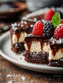 Rich Chocolate Cake with Berry Garnish on Rustic Plate