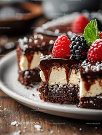Rich Chocolate Cake with Berry Garnish on Rustic Plate