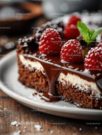 Rich Chocolate Cake with Berry Garnish on Rustic Plate