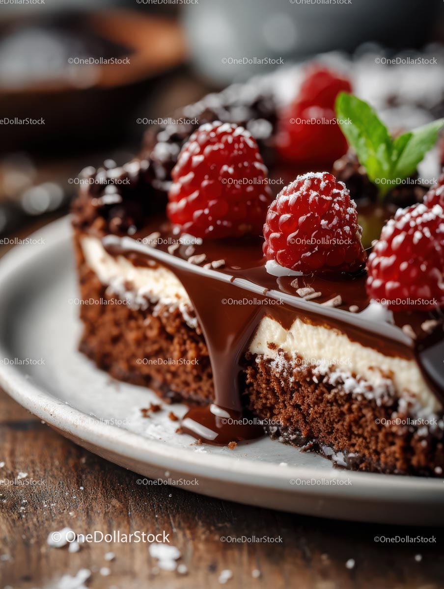 Rich Chocolate Cake with Berry Garnish on Rustic Plate