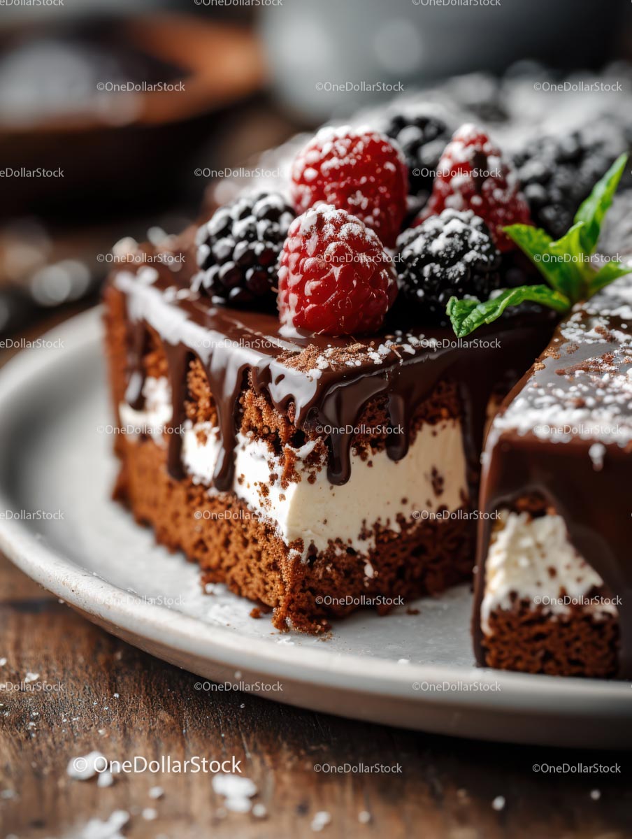 Chocolate Cake with Berries and Mint Garnish