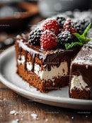 Rich Chocolate Cake with Berry Garnish on Rustic Plate
