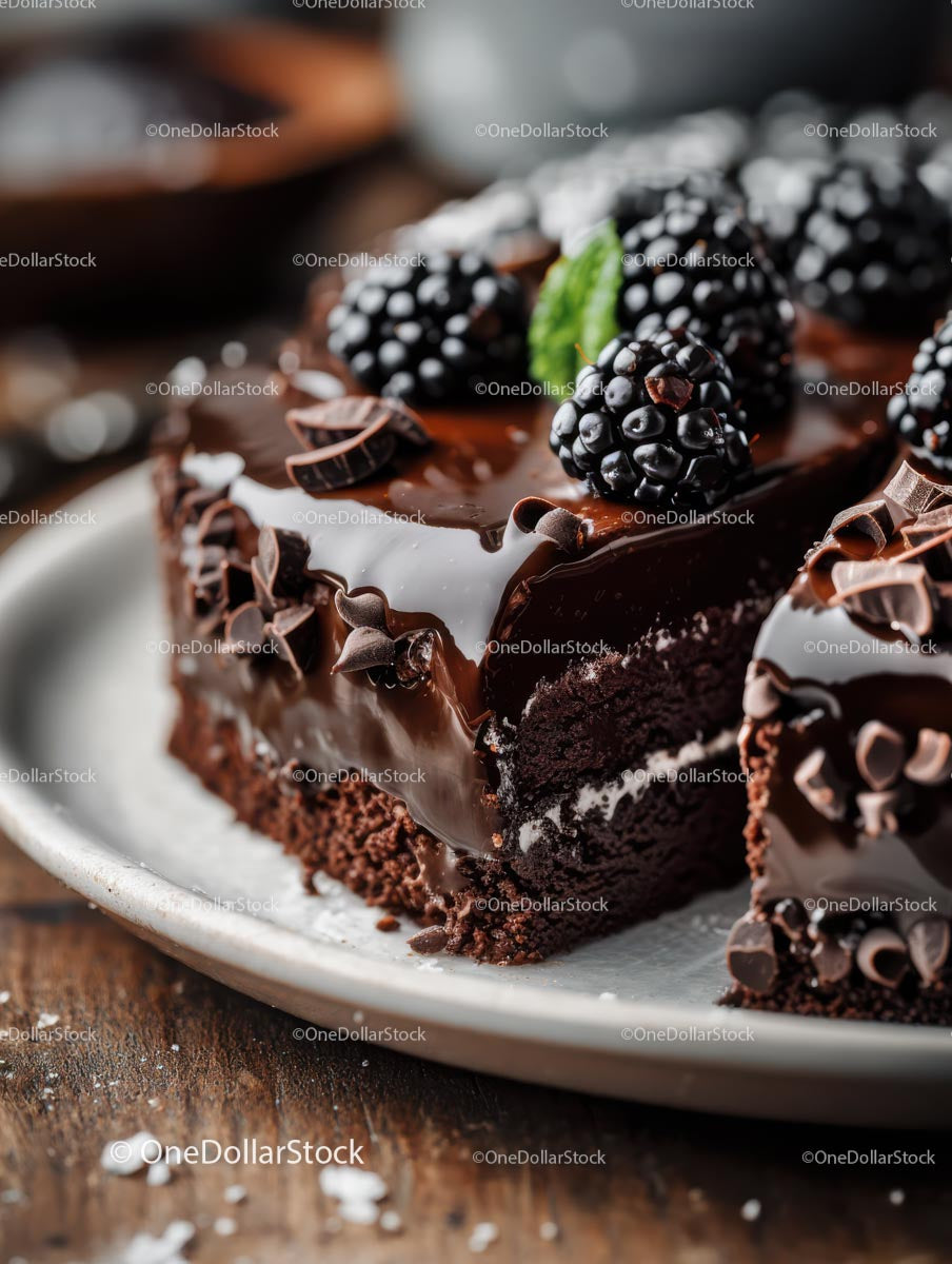 Rich Chocolate Cake with Berry Garnish on Rustic Plate
