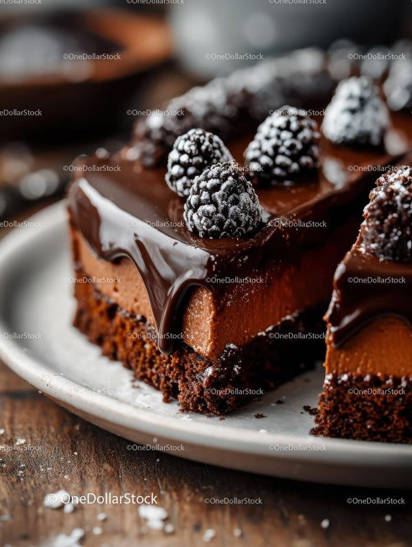 Decadent Chocolate Cake Slice with Fresh Blackberries