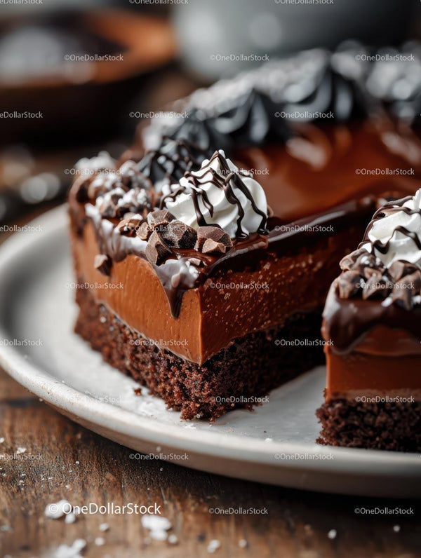 Decadent Chocolate Cake Slice with Whipped Cream Topping