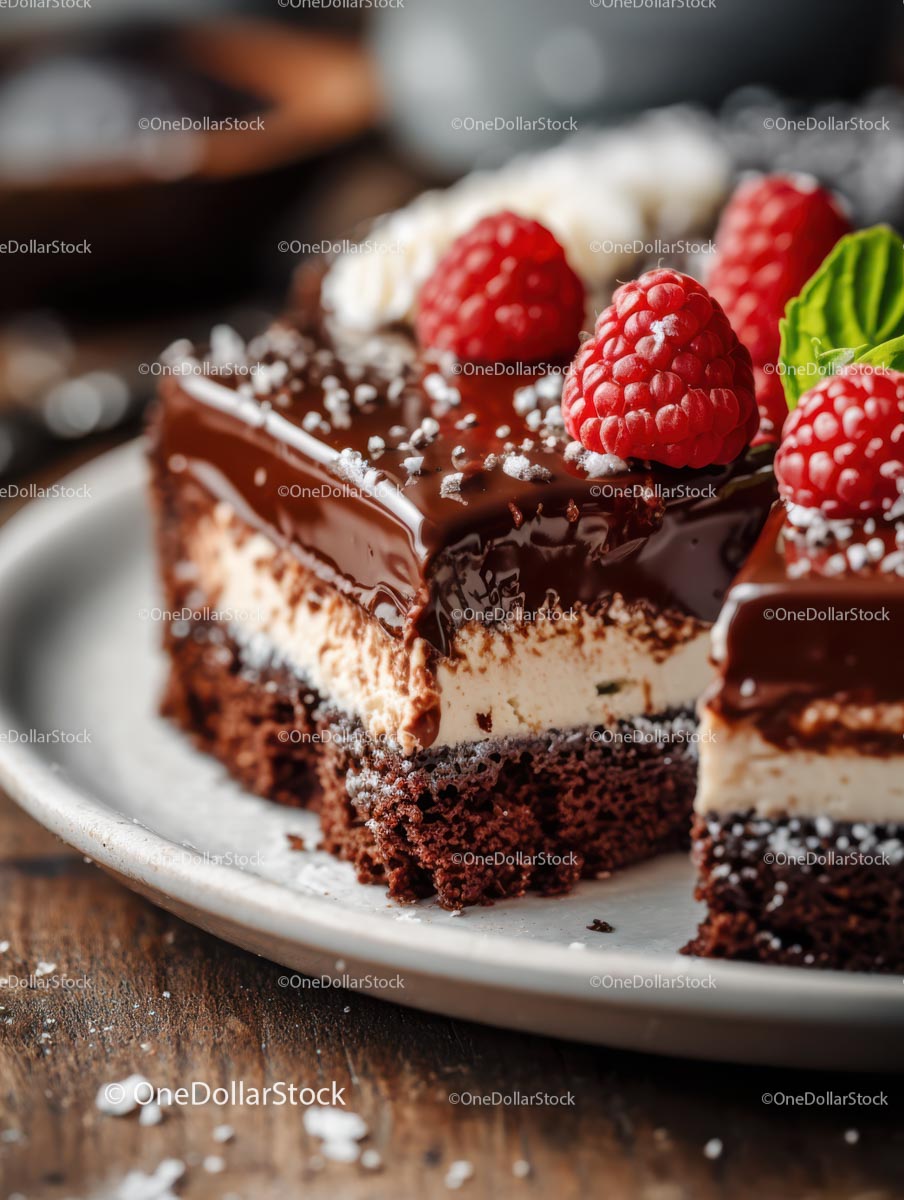 Rich Chocolate Cake with Berry Garnish on Rustic Plate