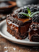 Rich Chocolate Cake with Berry Garnish on Rustic Plate