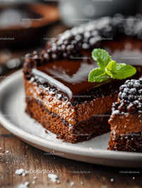 Rich Chocolate Cake with Berry Garnish on Rustic Plate